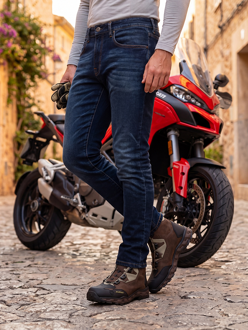 Guy wearing Rokker single-layer motorcycle jean next to Ducati Multistrada